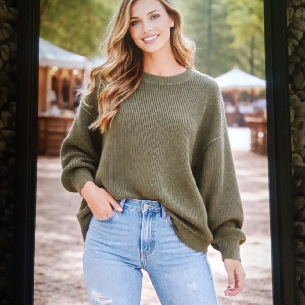 Aerie Oversized Olive Green Ribbed Knit Cotton Blend Baloon Sleeves Medium